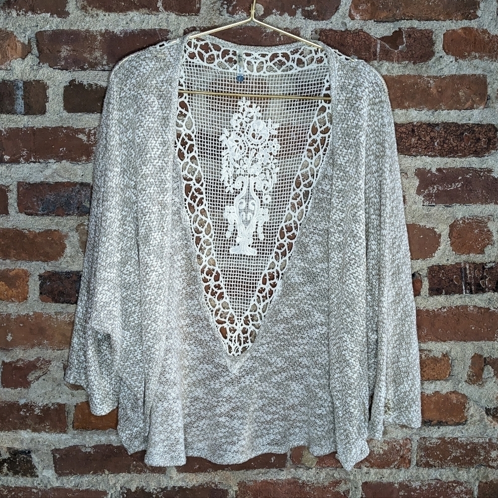 Wallflower Large Beige & Cream Lace Back Open Front Half Batwing Sleeve Cardigan